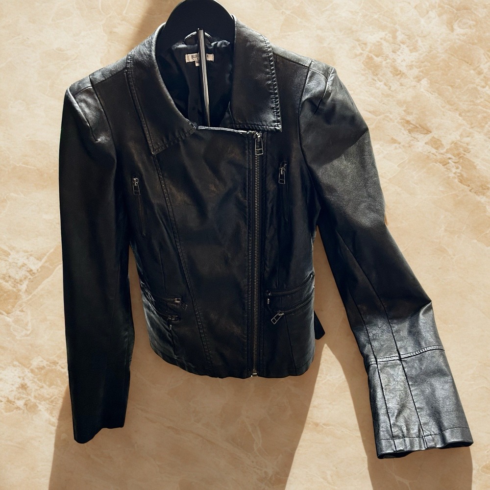 Buffalo David Bitton Womens Black Faux Leather Moto Jacket Size Medium M Zip Up